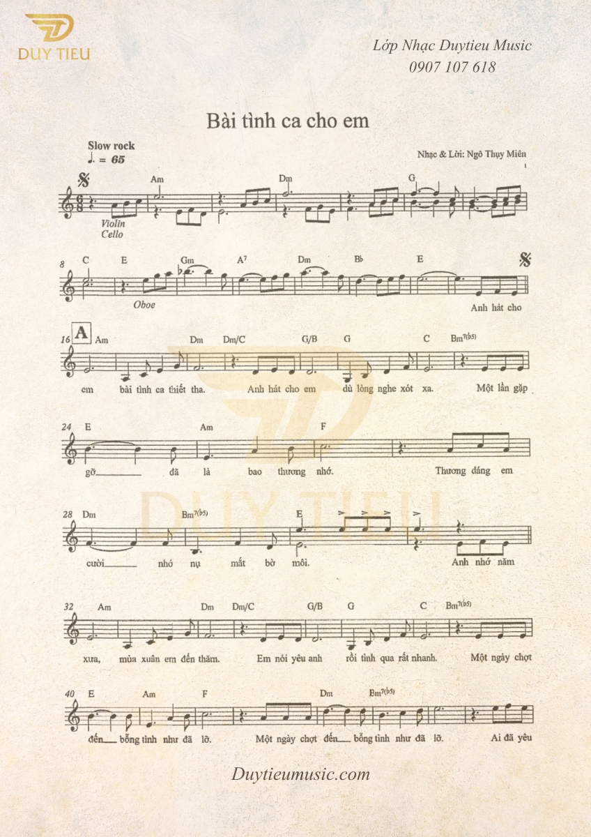 Sheet Nhạc “Bài Tình Ca Cho Em”