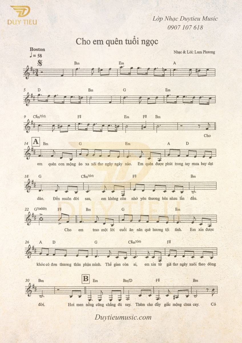 Cho Em Quên Tuổi Ngọc - Lam Phương - Duytieu Music 