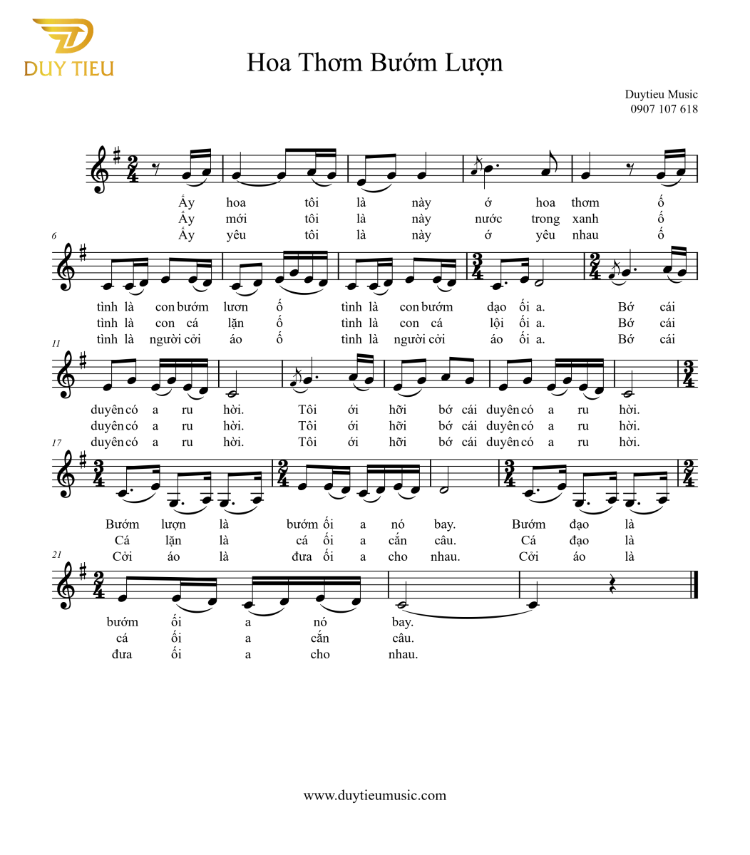 Sheet nhạc Hoa Thơm Bướm Lượn