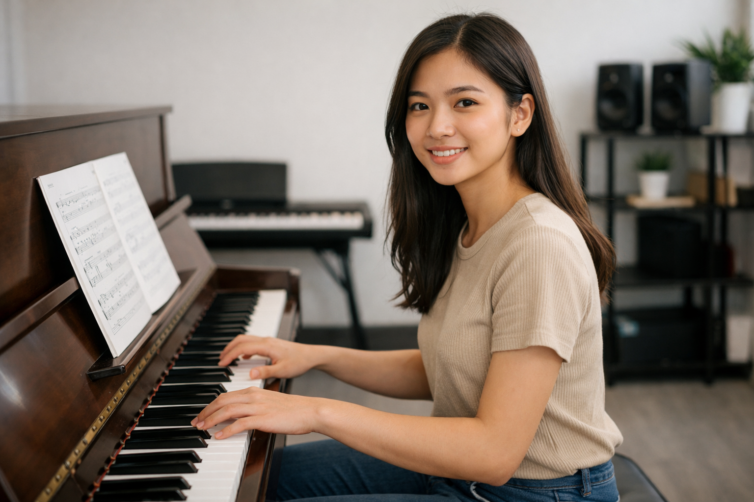 Tư thế cổ tay thẳng, bàn tay cong tự nhiên giúp kiểm soát phím đàn tốt và tránh căng mỏi khi chơi piano.
