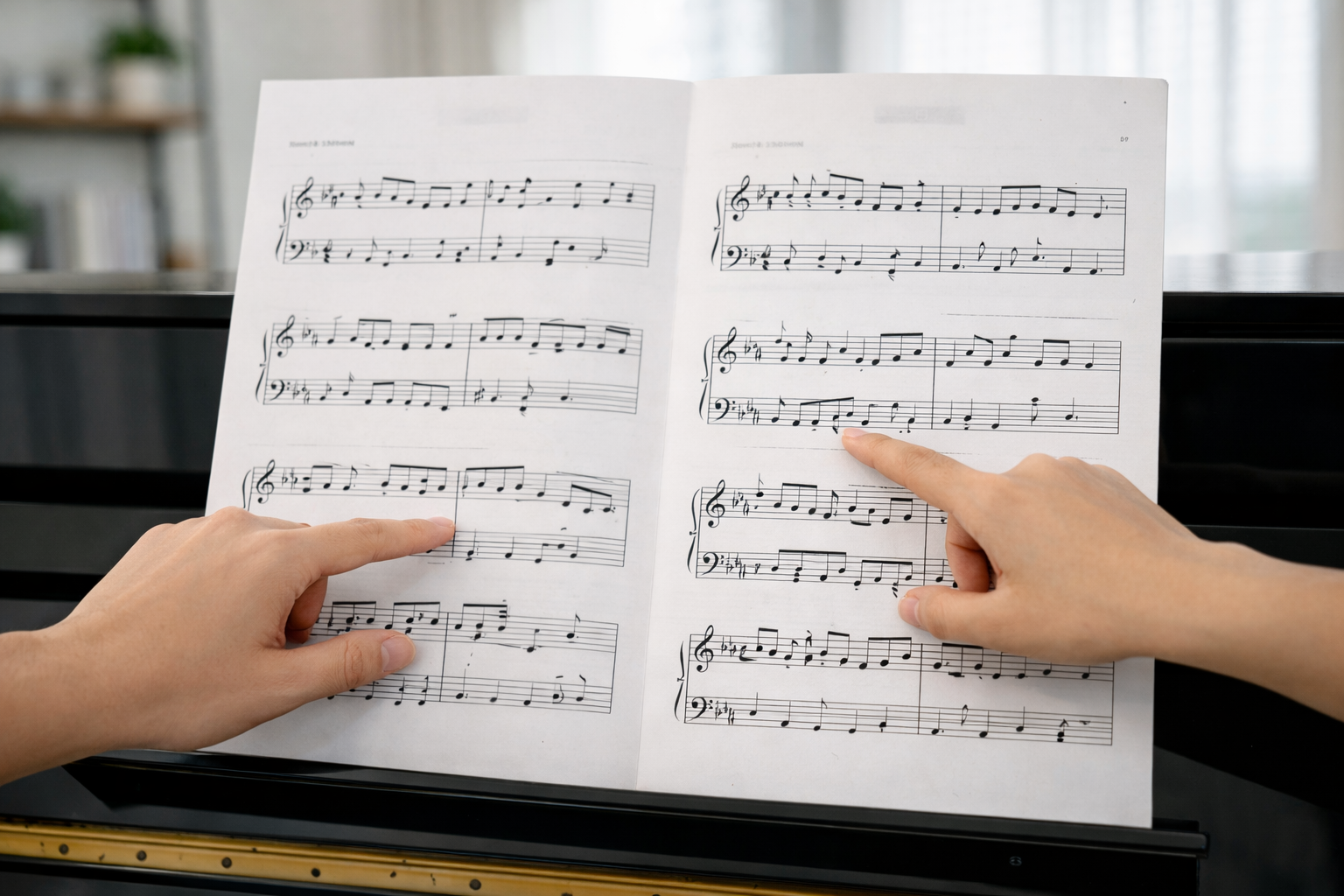 Dòng trên cho tay phải (khóa Sol), dòng dưới cho tay trái (khóa Fa)