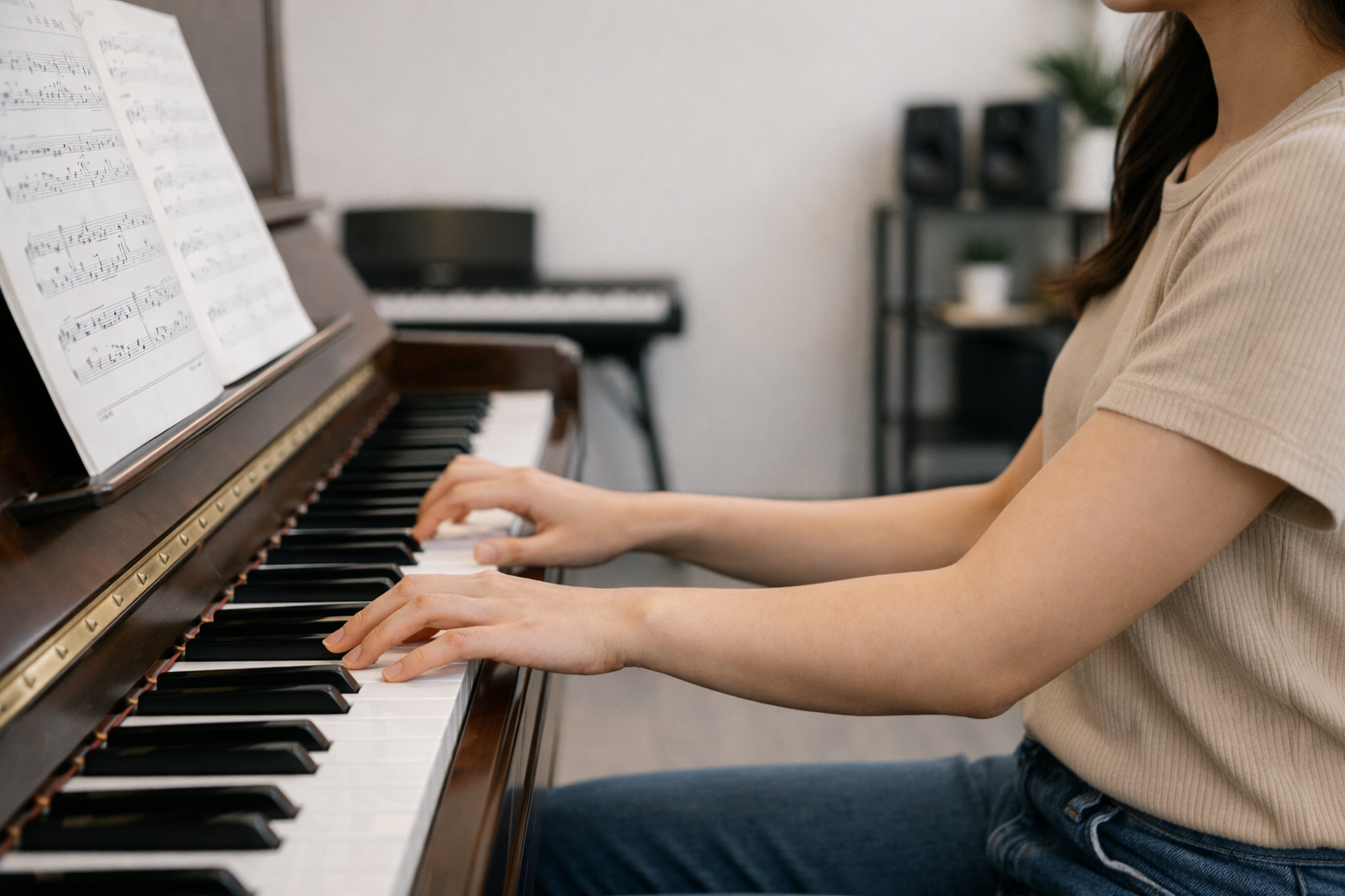 Lực nhấn phím được truyền tự nhiên từ cánh tay qua cổ tay xuống ngón tay, giúp âm thanh đều và bền.