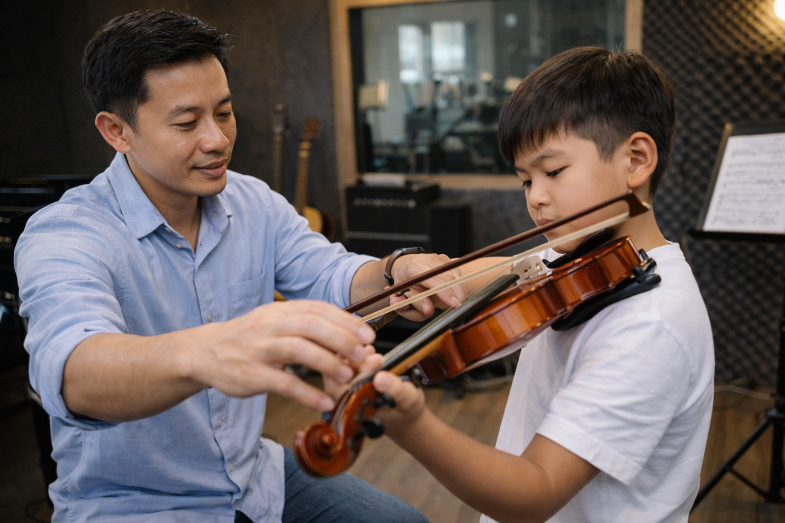 Gia sư violin 1 kèm 1 giúp chỉnh kỹ thuật cầm vĩ và cao độ chính xác.