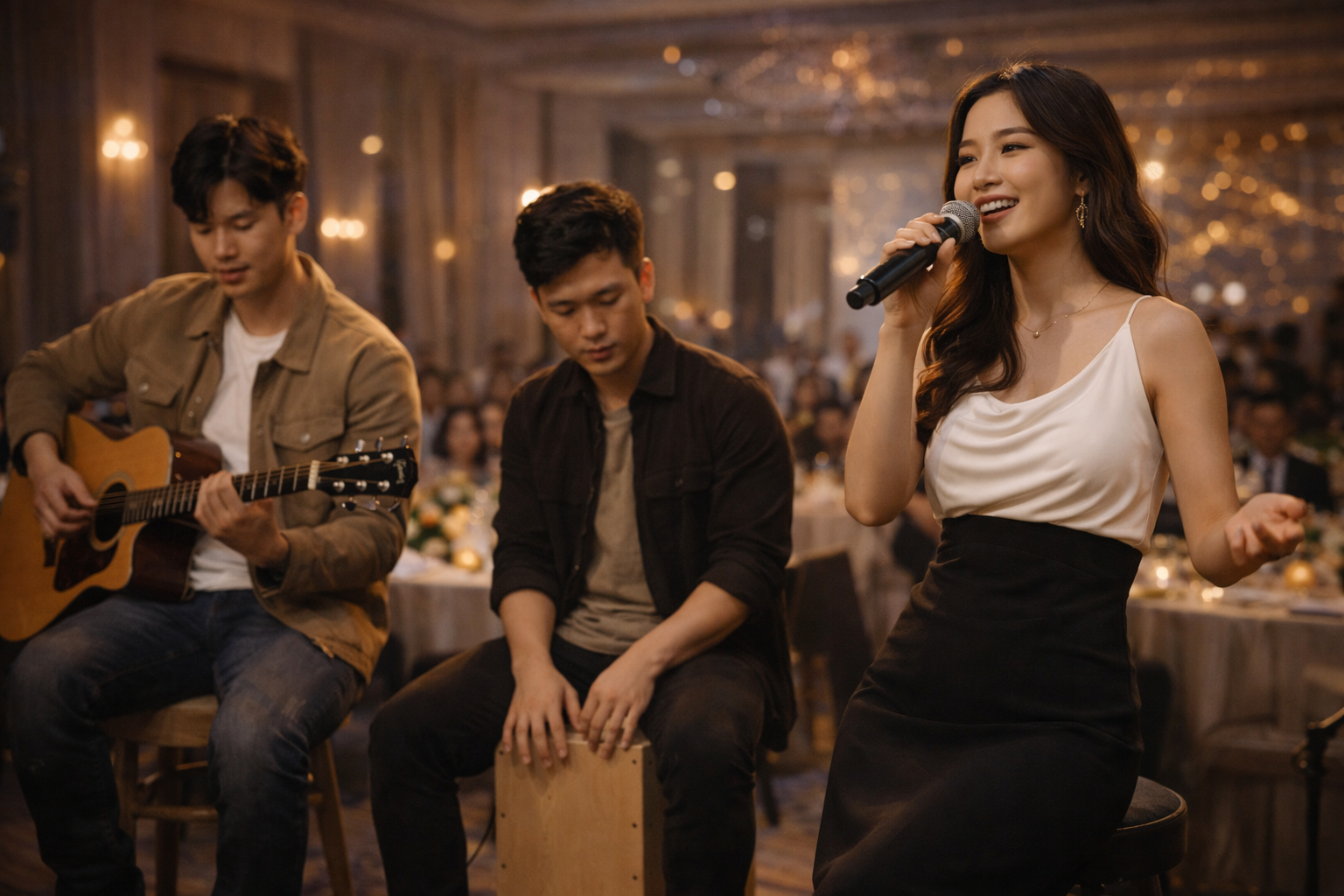 Ban nhạc acoustic phối hợp đồng bộ trong chương trình sự kiện.