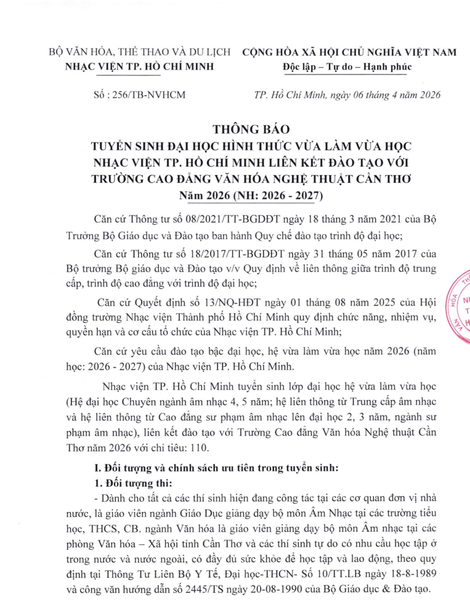 Thông báo tuyển sinh hệ Đại học vừa học vừa làm năm 2026