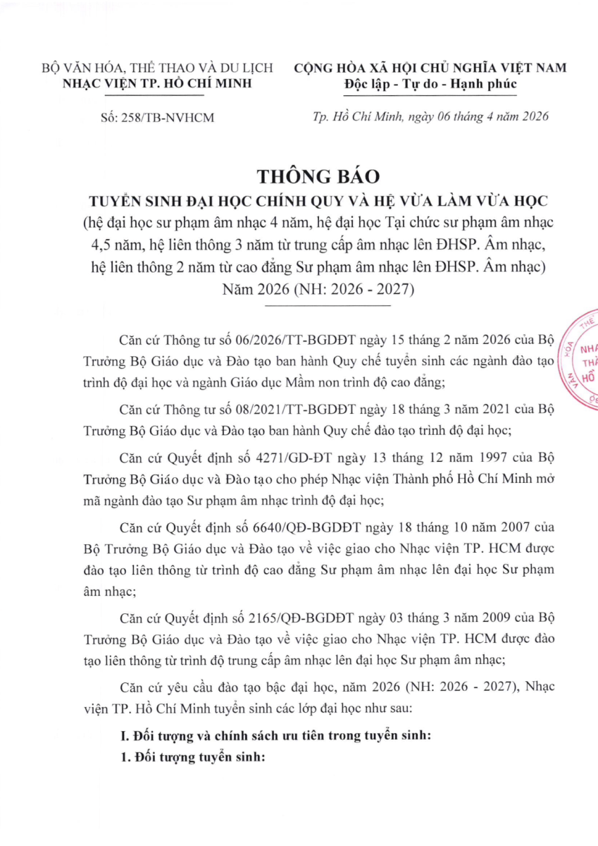  Thông báo tuyển sinh Sư phạm Âm nhạc Nhạc viện TP.HCM 2026