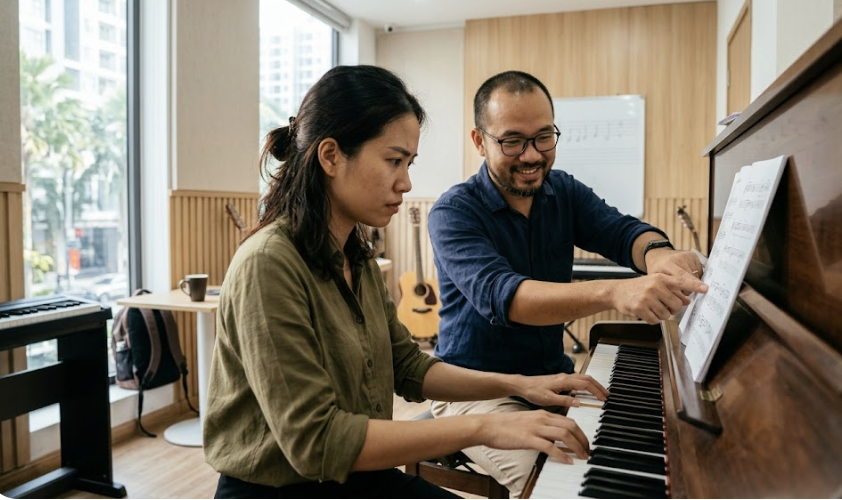Vietnamese adult (age 25+) learning music with teacher in modern music classroom, focused, natural lighting, realistic photography, no text no logo, 16:9