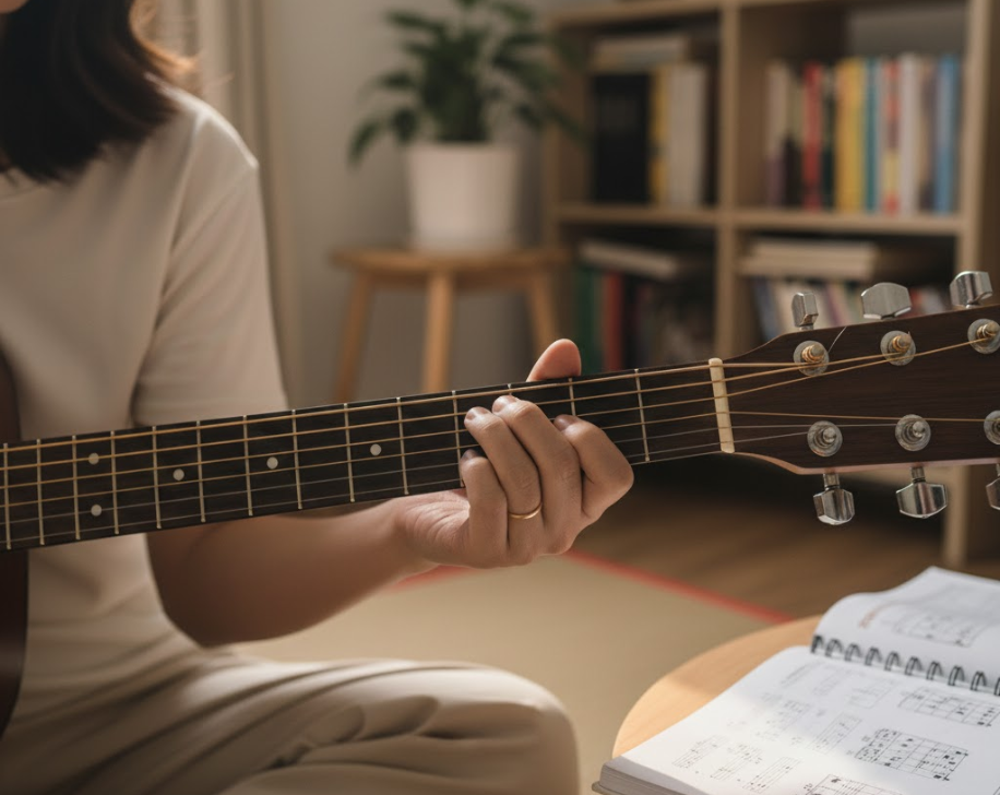 Giáo viên hướng dẫn người mới bấm hợp âm guitar đúng cách.