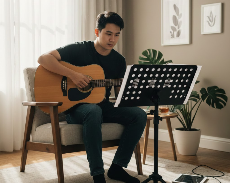 Giai đoạn đầu học guitar là lúc người học làm quen với hợp âm, nhịp và cảm giác tay.