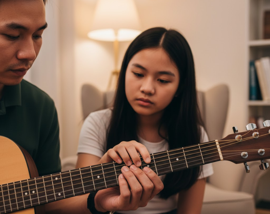 Học viên tập trung luyện các hợp âm cơ bản để chơi được bài sớm