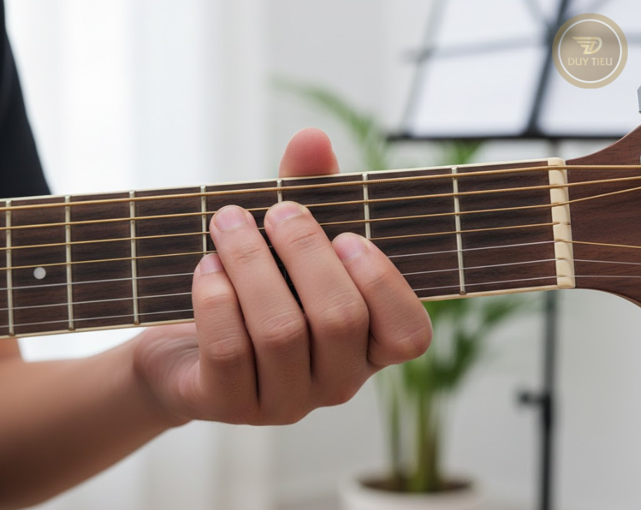 Bấm dây đúng vị trí giúp hợp âm guitar phát ra tiếng sạch hơn.