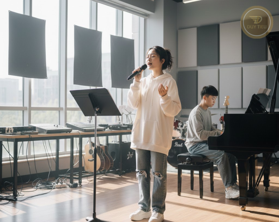 Phần thi biểu diễn yêu cầu học viên làm chủ sân khấu và phối hợp tốt với piano/band.