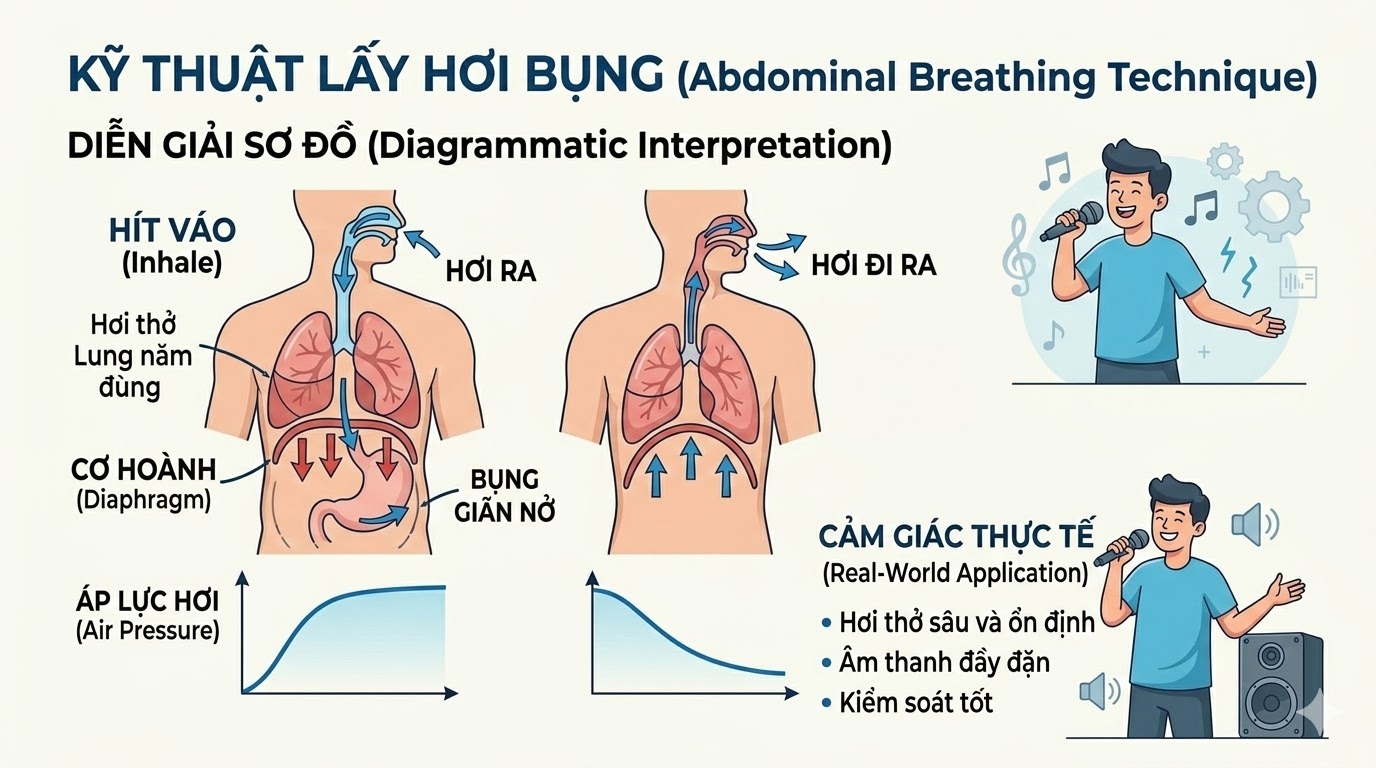 Lấy hơi bằng cơ hoành giúp tăng lượng hơi và kiểm soát giọng hát tốt hơn.