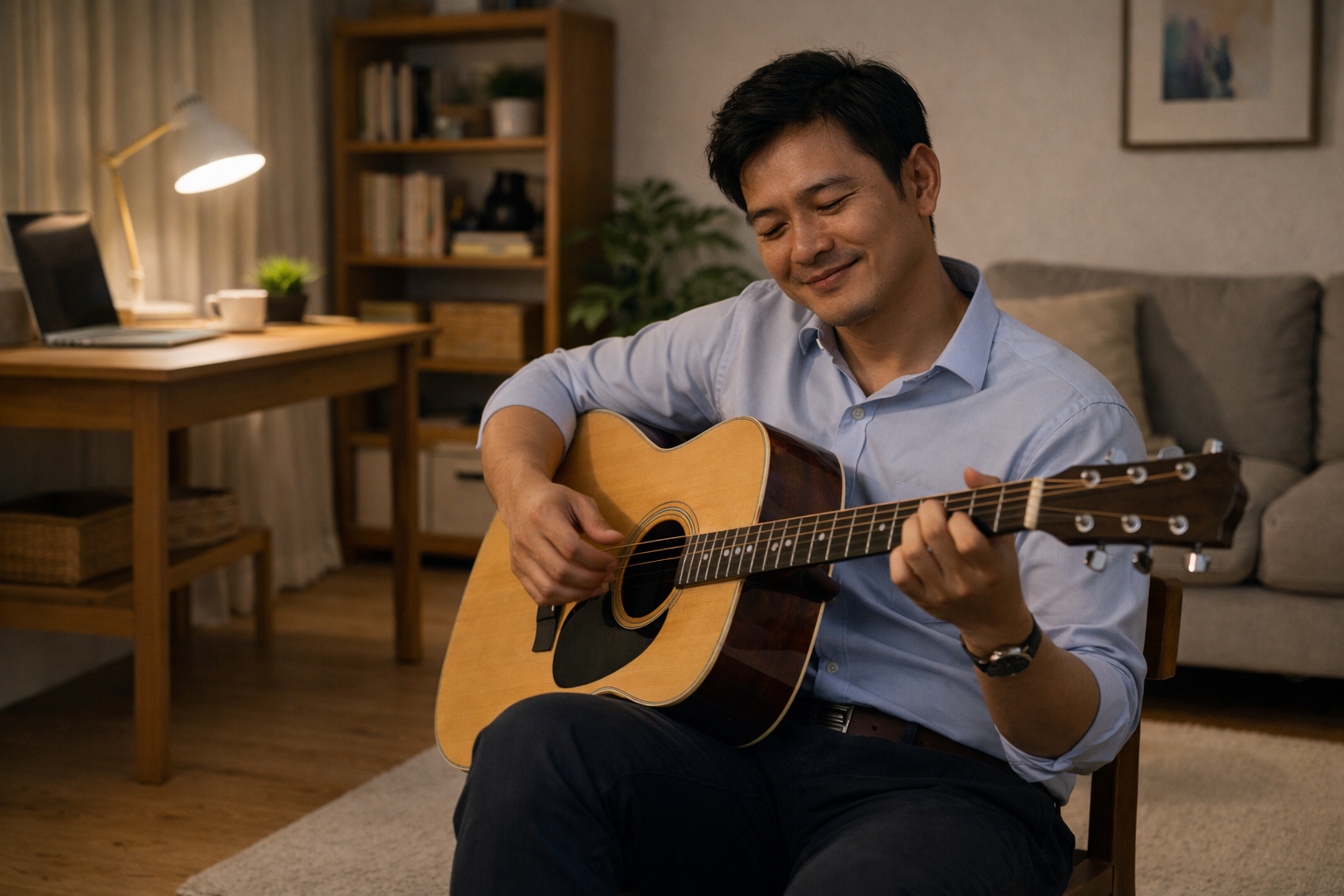 Chơi guitar giúp giải tỏa căng thẳng hiệu quả sau một ngày làm việc.