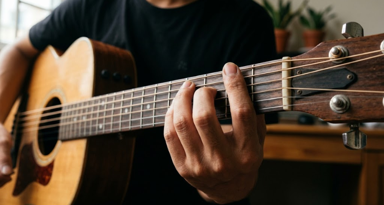 Tay trái quyết định độ chính xác và độ sạch của âm thanh khi chơi guitar.