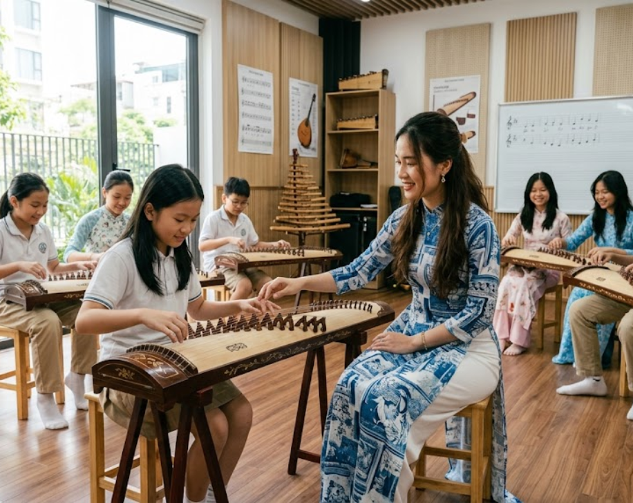 Giáo viên nhạc cụ dân tộc đang giảng dạy trong môi trường hiện đại tại Duytieu Music Education