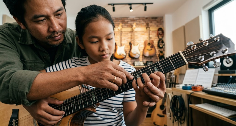 Giáo viên giúp chỉnh kỹ thuật tay đúng ngay từ đầu.
