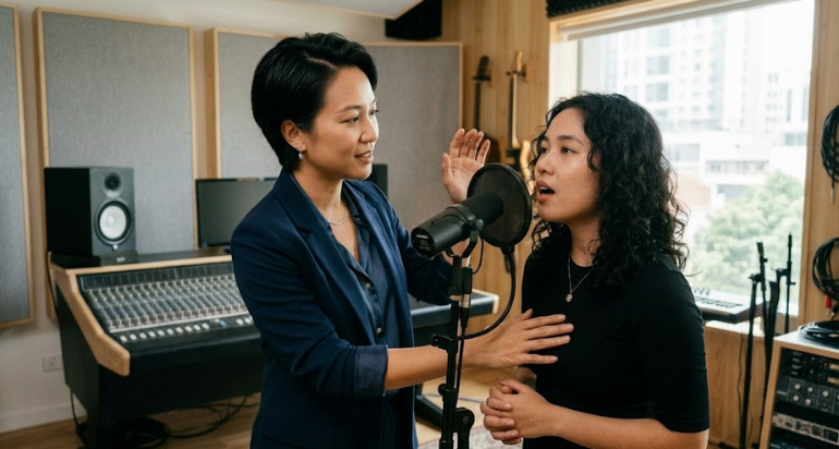Giáo viên giúp sửa kỹ thuật hơi thở và cách lấy giọng