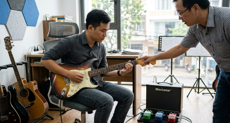 Không gian học hiện đại giúp học viên trải nghiệm Guitar Điện thực tế hơn.