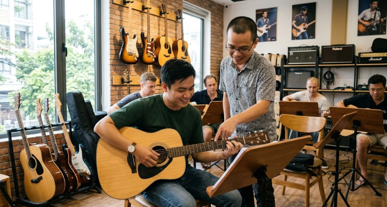 Không gian học guitar hiện đại tại Duytieu Music.