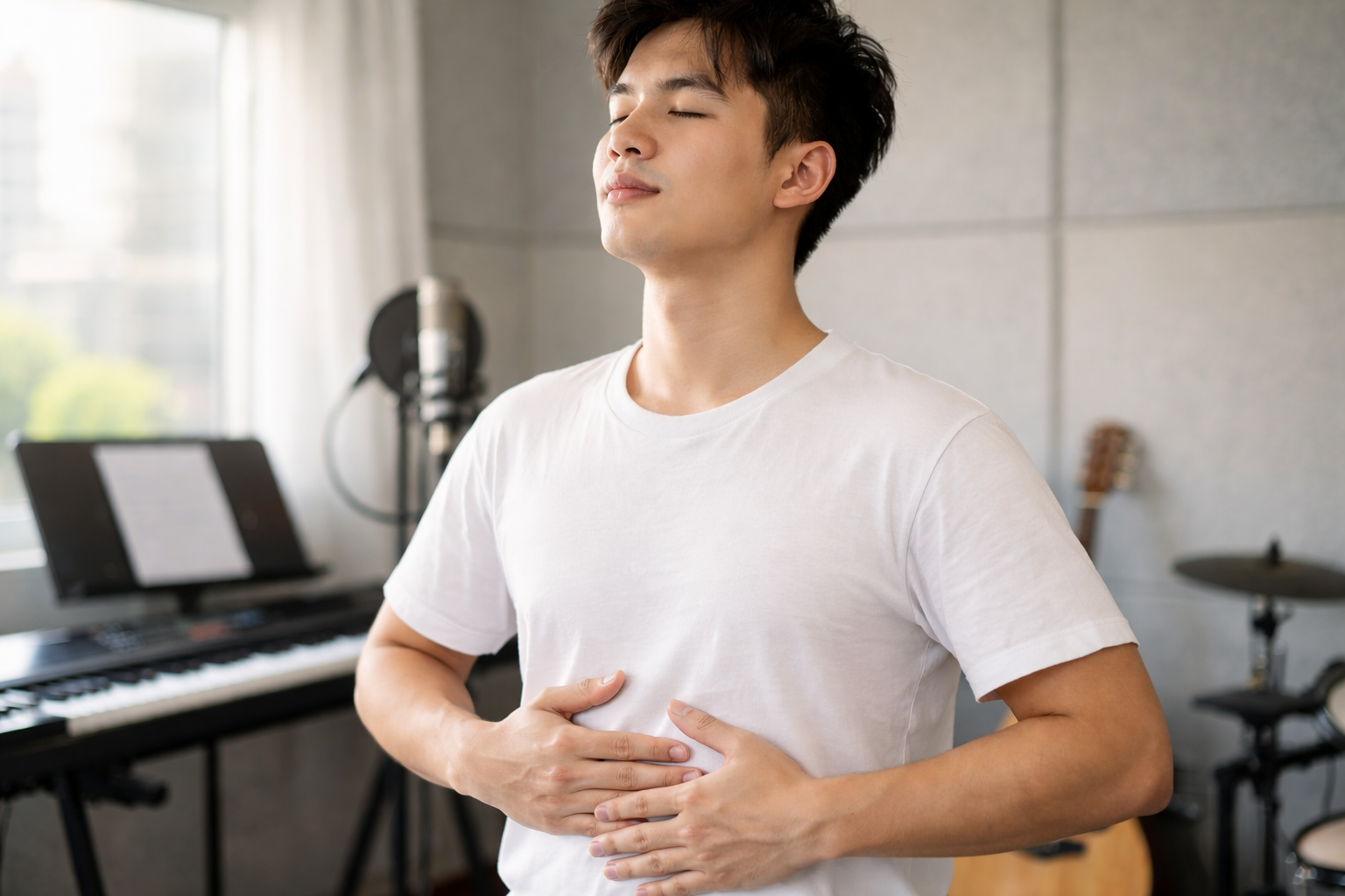 Thở bằng cơ hoành giúp kiểm soát hơi tốt hơn khi hát.