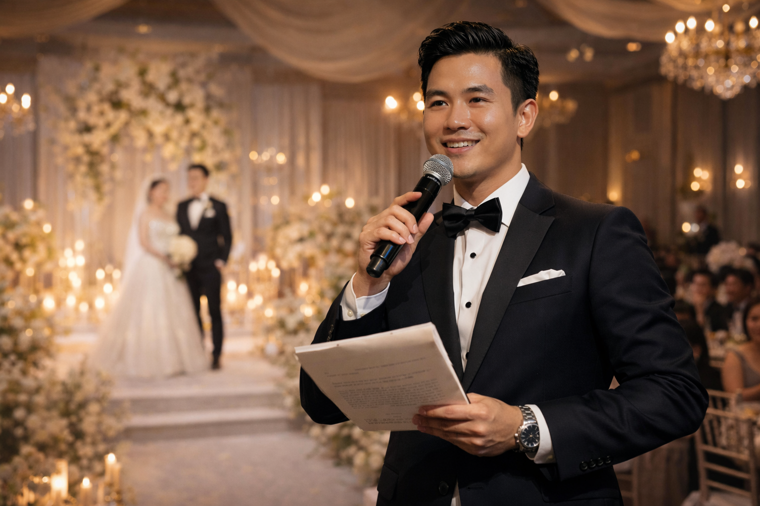 MC tiệc cưới phong cách sang trọng, cảm xúc và chuyên nghiệp.