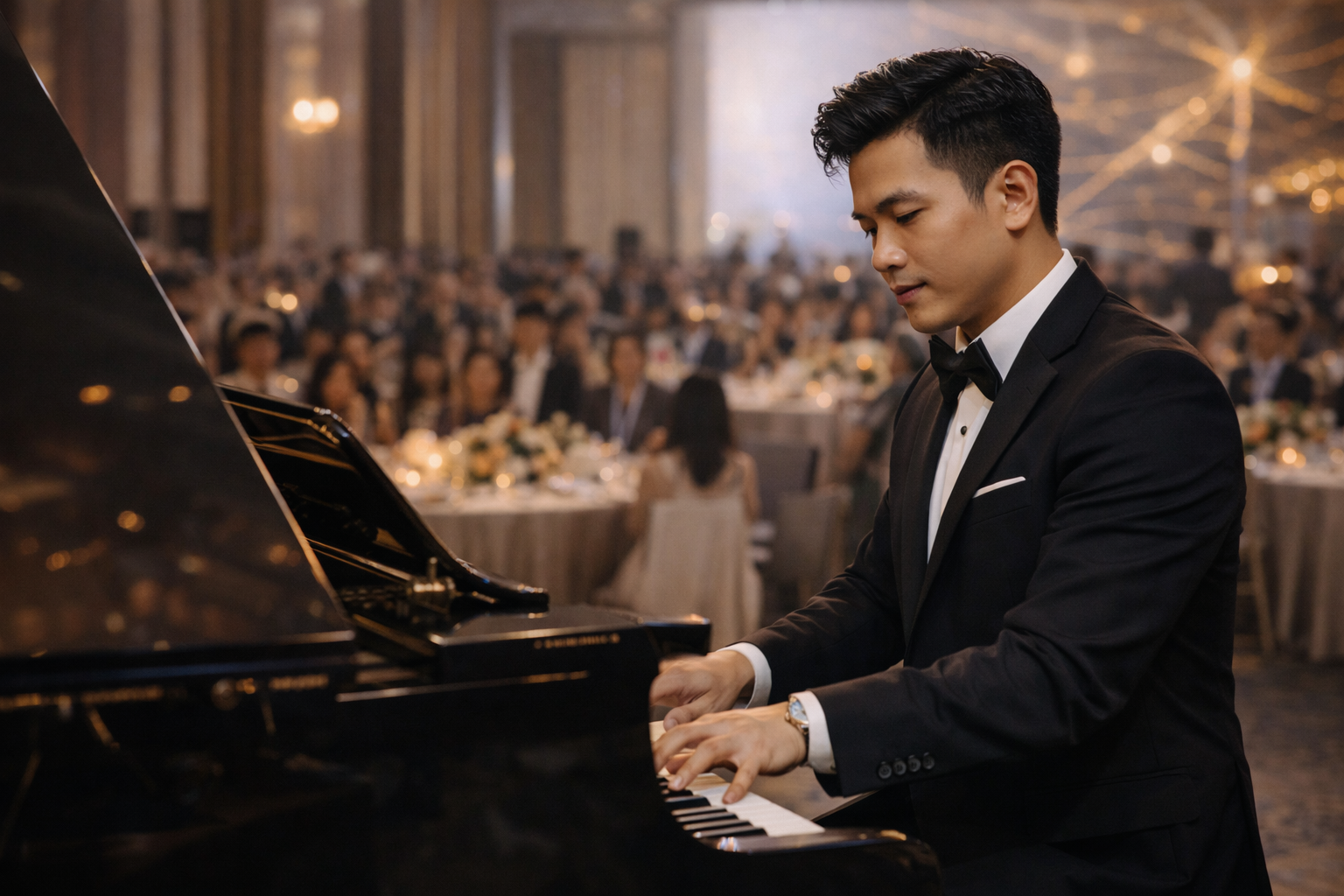 Nhạc công piano biểu diễn tại sự kiện doanh nghiệp chuyên nghiệp.