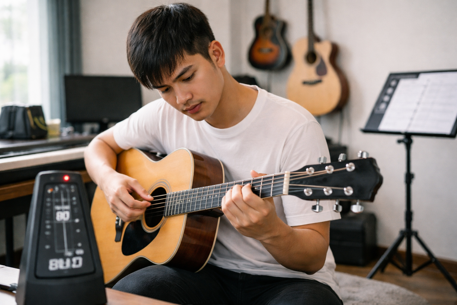 Tập chuyển hợp âm theo nhịp giúp tránh bị khựng khi chơi bài.