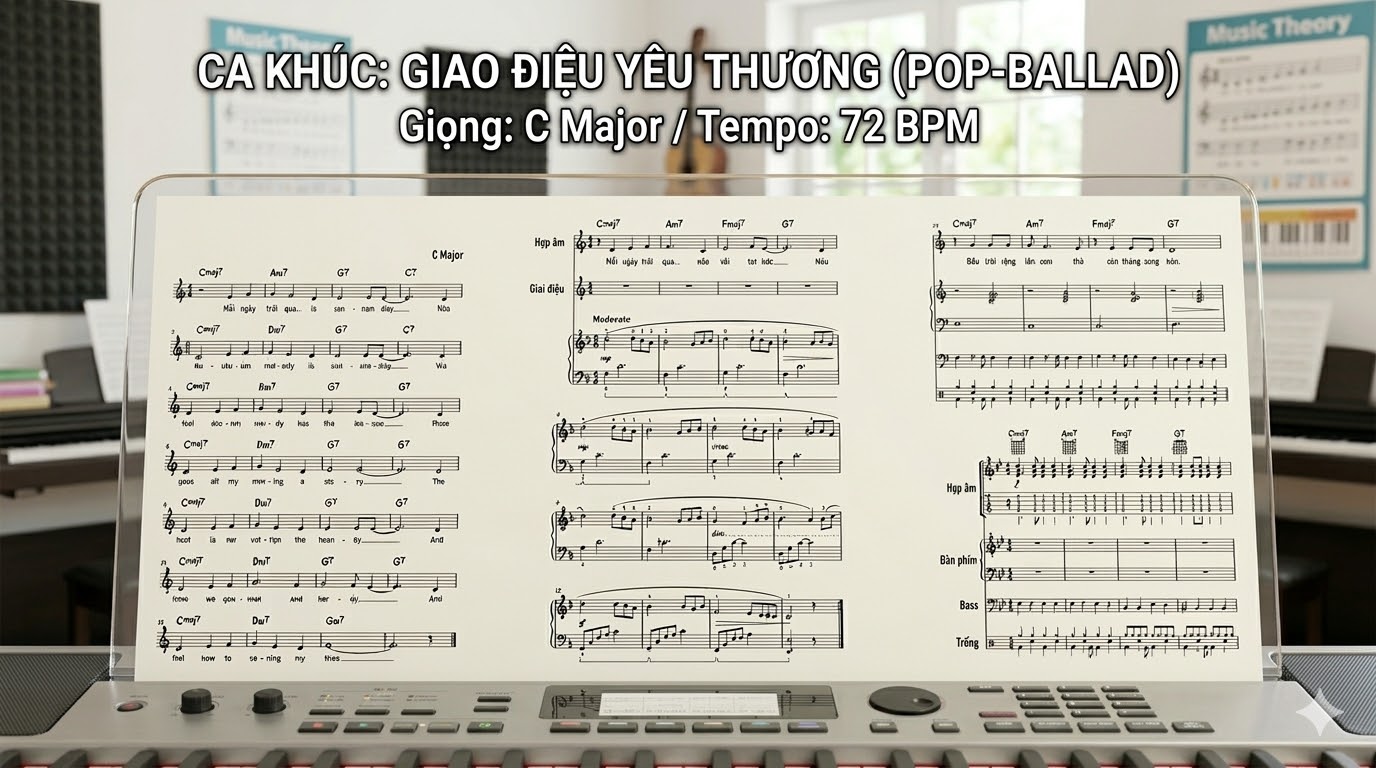 Sheet nhạc organ thường gồm giai điệu và hợp âm để người chơi tự xây dựng phần đệm.