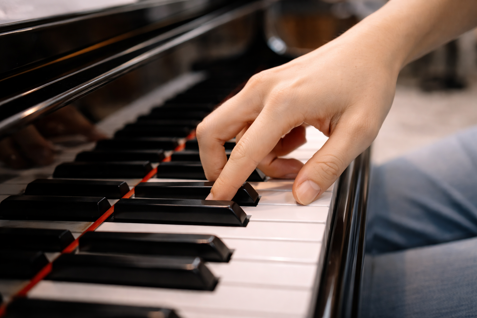 Người Việt Nam trẻ đang luyện arpeggio trên piano, tay di chuyển mượt giữa các quãng, ánh sáng phòng học chuyên nghiệp, phong cách chân thực, không logo, không watermark