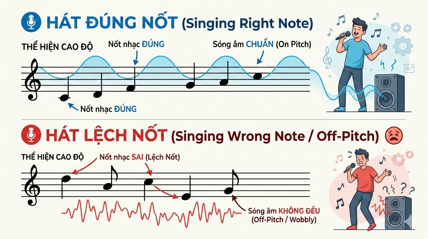 Hát phô xảy ra khi cao độ của giọng hát không trùng với nốt nhạc.