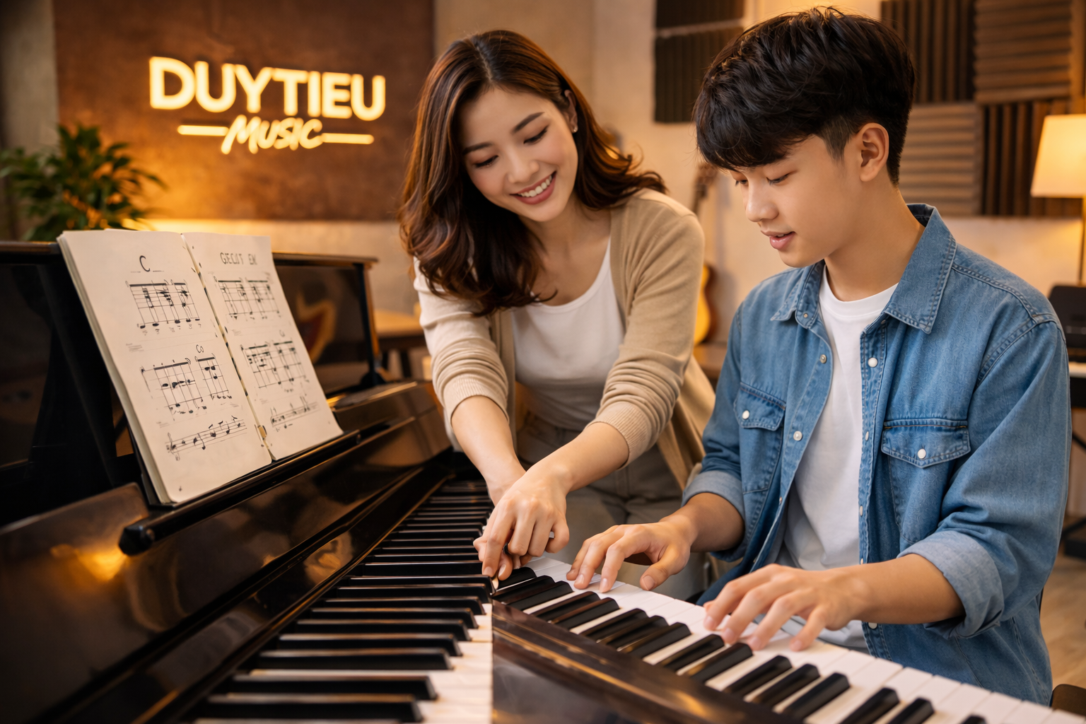 Lớp học piano tại Duytieu Music với giáo viên hướng dẫn trực tiếp cho học viên.