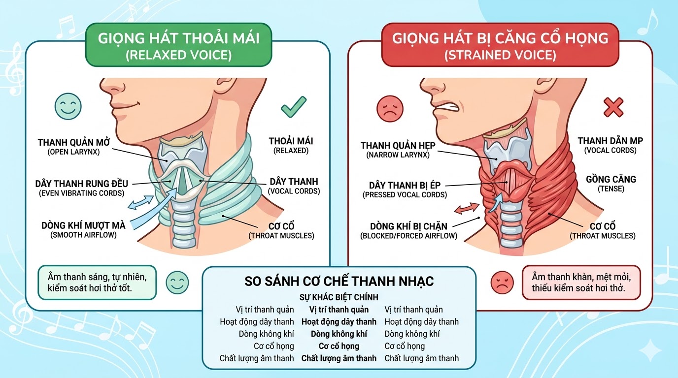 Khi cổ họng bị căng, âm thanh dễ trở nên nặng và gằn.