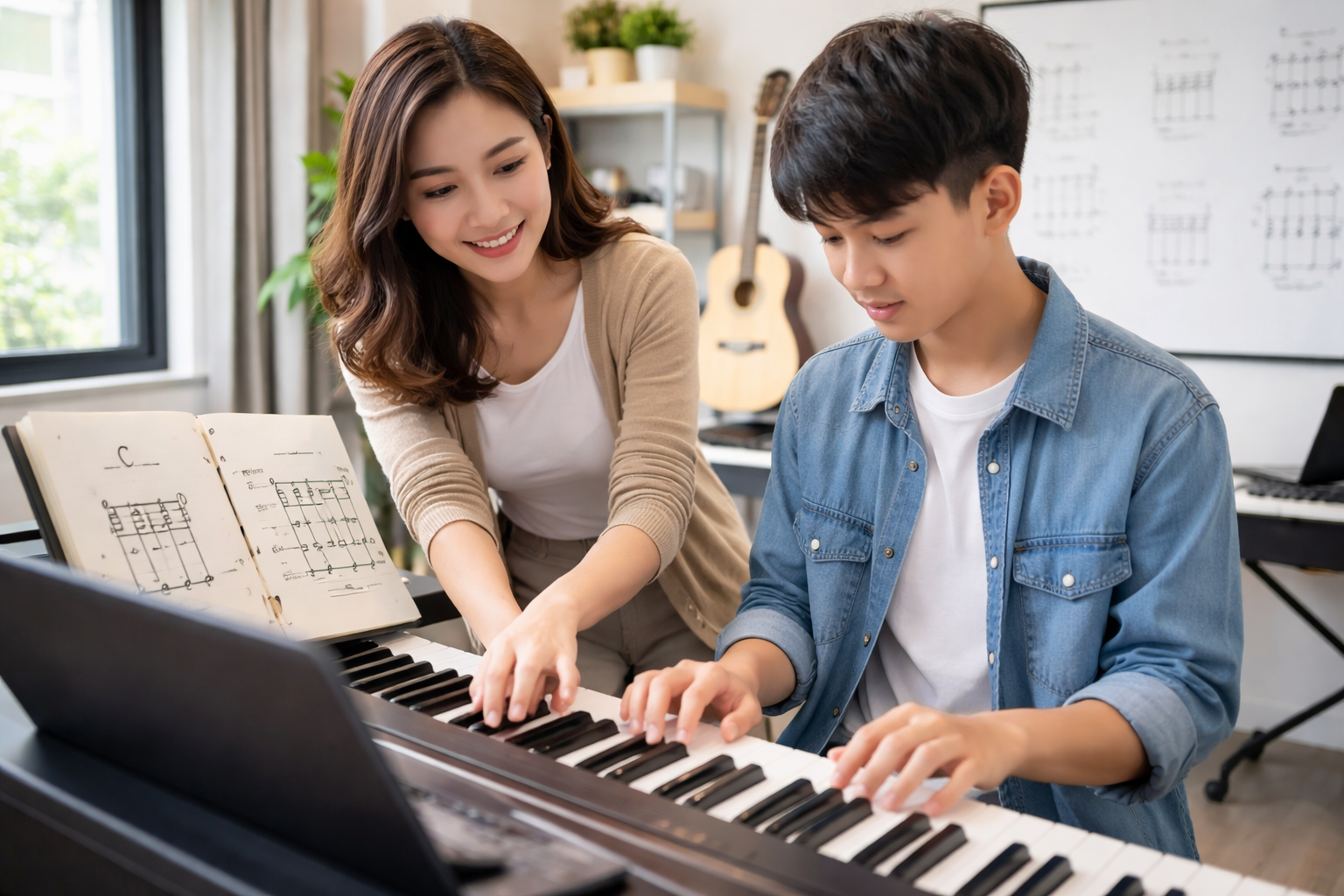 Học viên bắt đầu làm quen hợp âm khi học piano đệm hát.