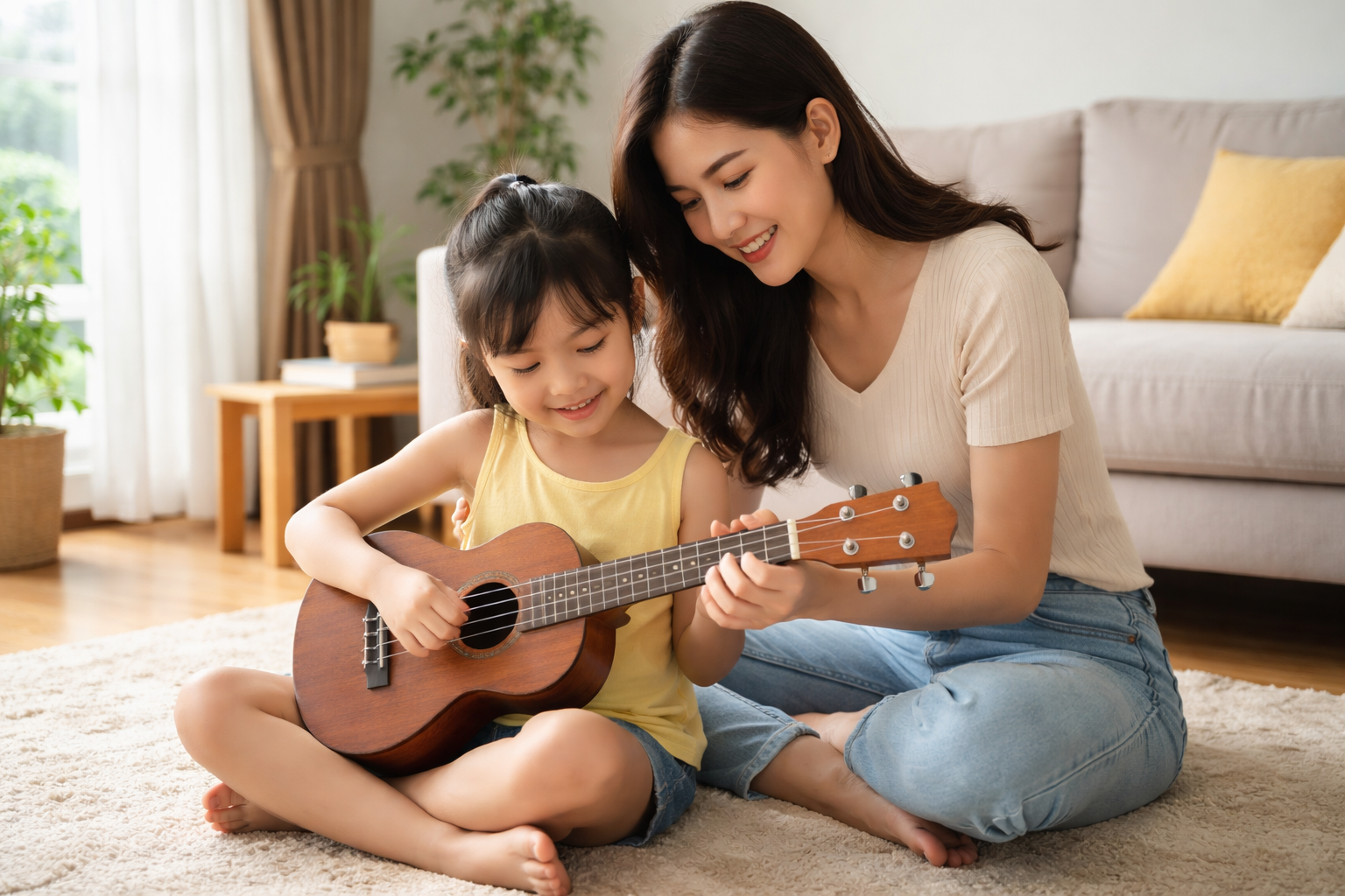 Trẻ làm quen với ukulele trong môi trường gần gũi và đầy cảm hứng.