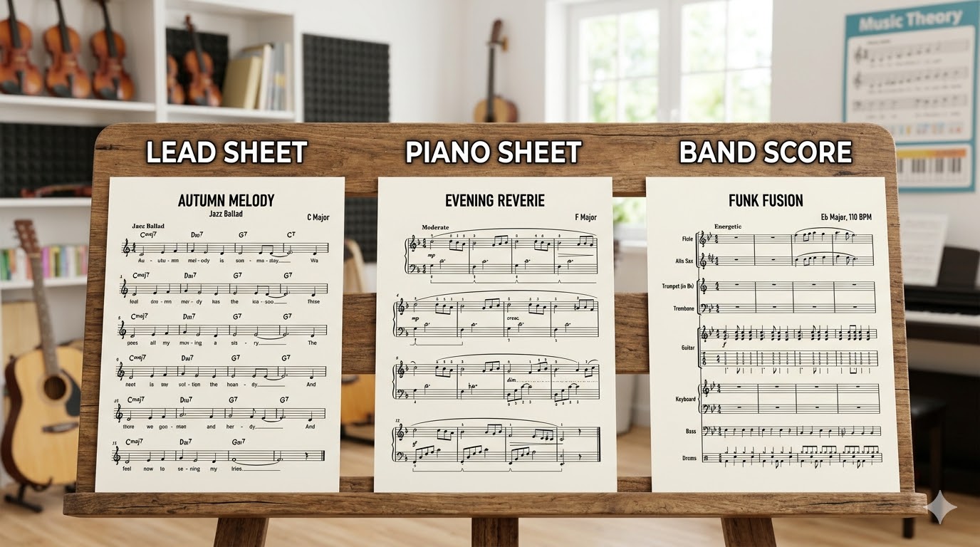 Có nhiều loại sheet nhạc khác nhau tùy theo mục đích biểu diễn.