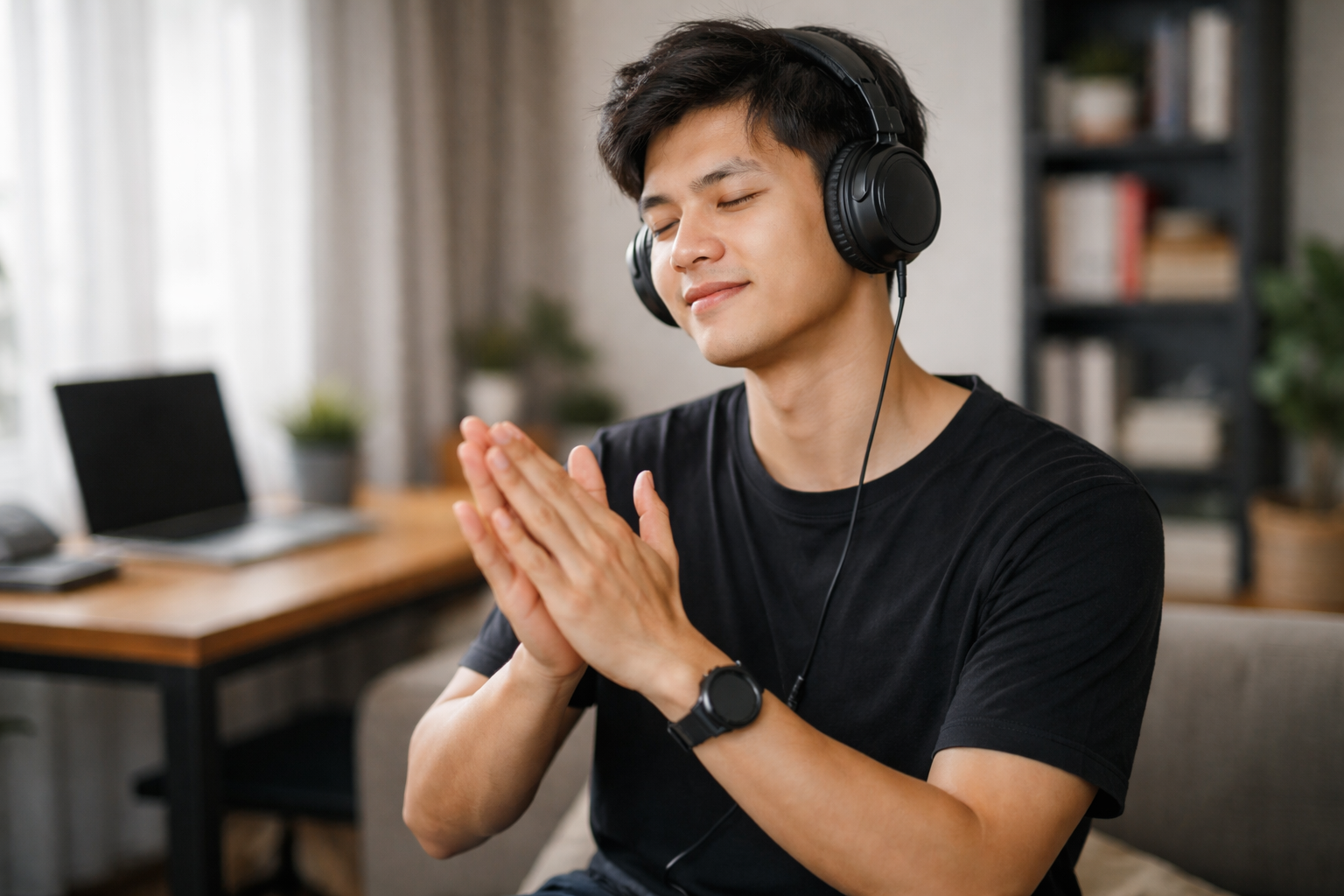 Một bạn trẻ người Việt Nam đang nghe nhạc và vỗ tay theo nhịp, thể hiện cảm nhận nhịp điệu, phòng hiện đại, ánh sáng tự nhiên, phong cách ảnh thực tế chuyên nghiệp, kích thước ảnh 16:9