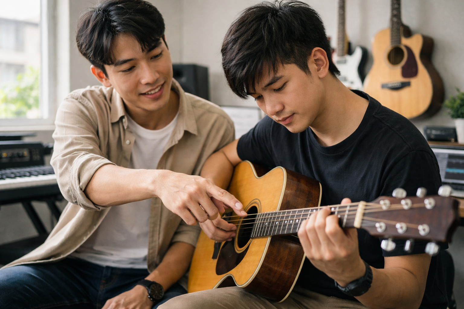 Việc điều chỉnh tư thế bấm hợp âm đúng giúp âm thanh guitar rõ ràng hơn.