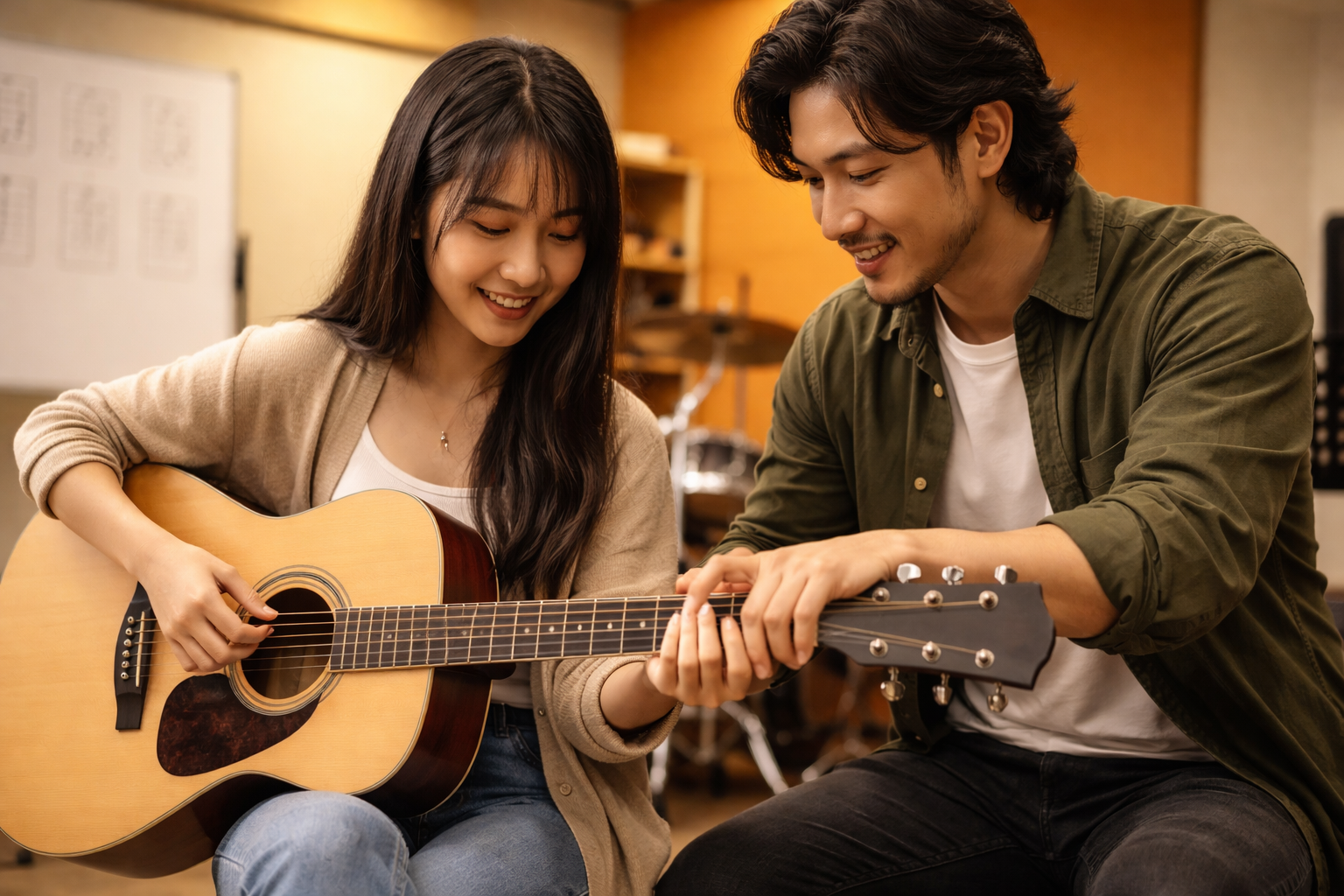 Học viên bắt đầu học guitar tại Duytieu Music với sự hướng dẫn trực tiếp từ giảng viên.