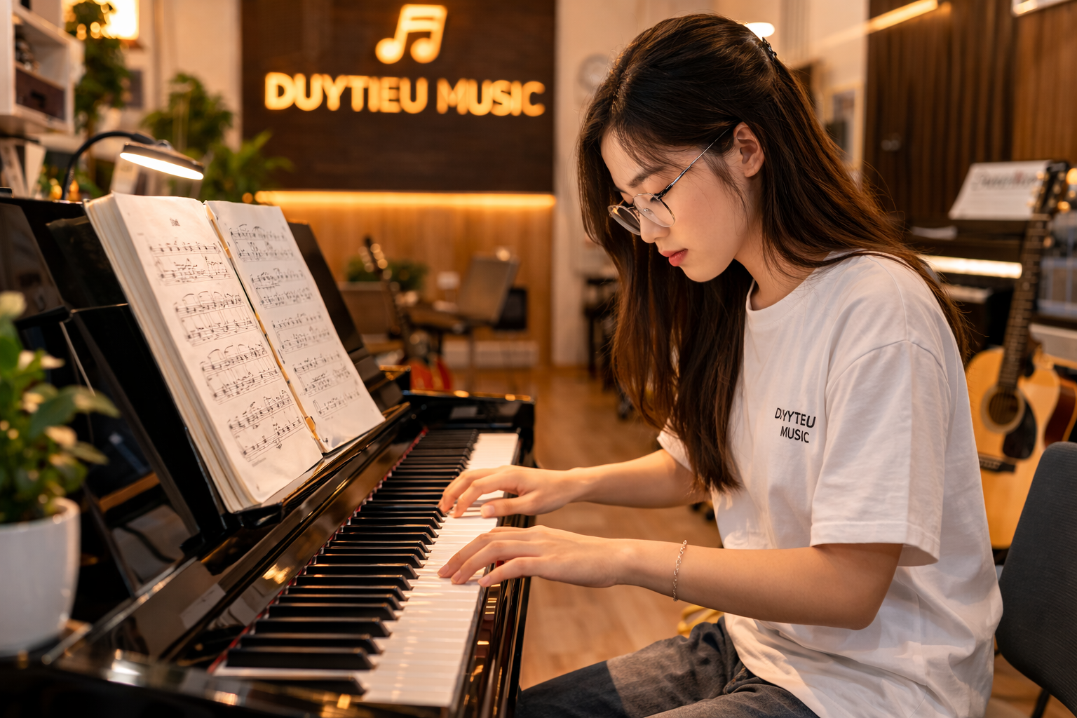 Học viên luyện tập piano trong lớp học tại Duytieu Music.
