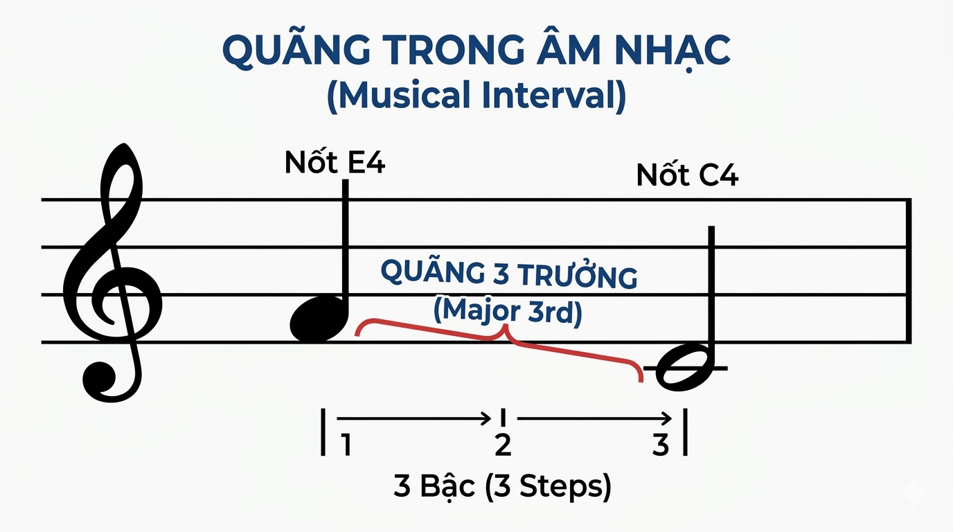 Quãng là khoảng cách cao độ giữa hai nốt nhạc.