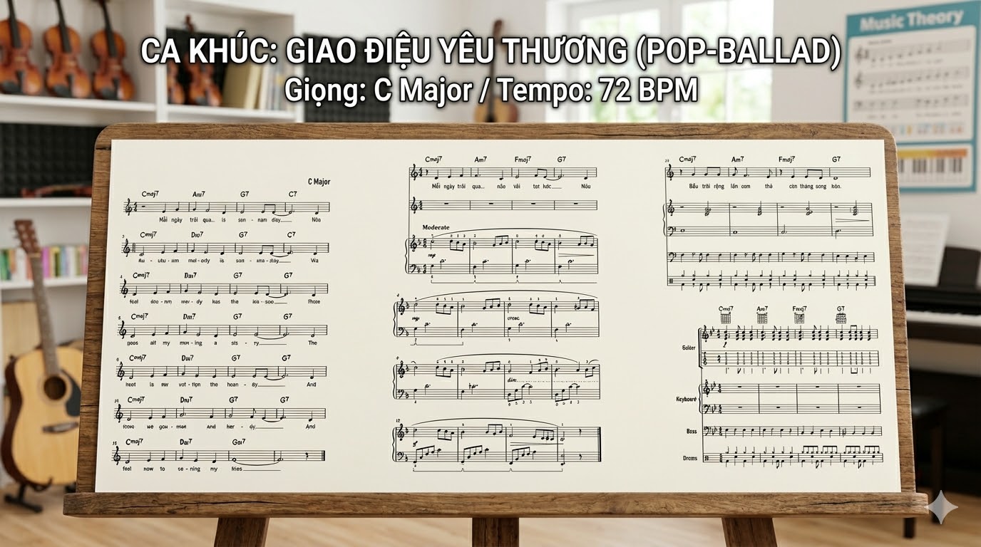 Sheet nhạc thể hiện đầy đủ giai điệu và hợp âm của một ca khúc.