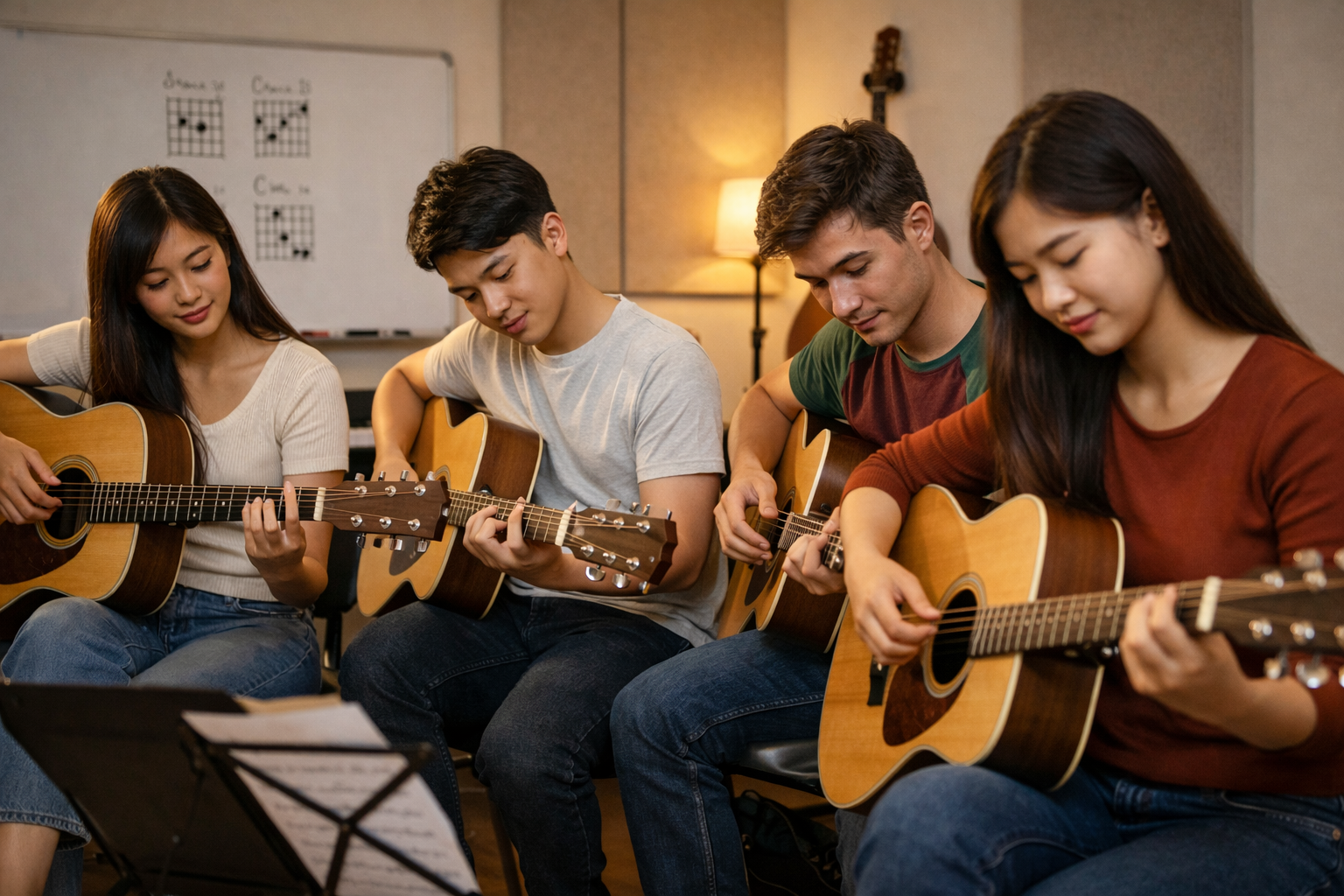 Lớp học guitar nhóm nhỏ tại Duytieu Music giúp học viên học tập và giao lưu âm nhạc.