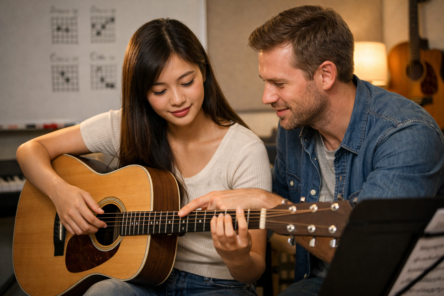 Học viên bắt đầu làm quen với guitar tại lớp học của Duytieu Music.