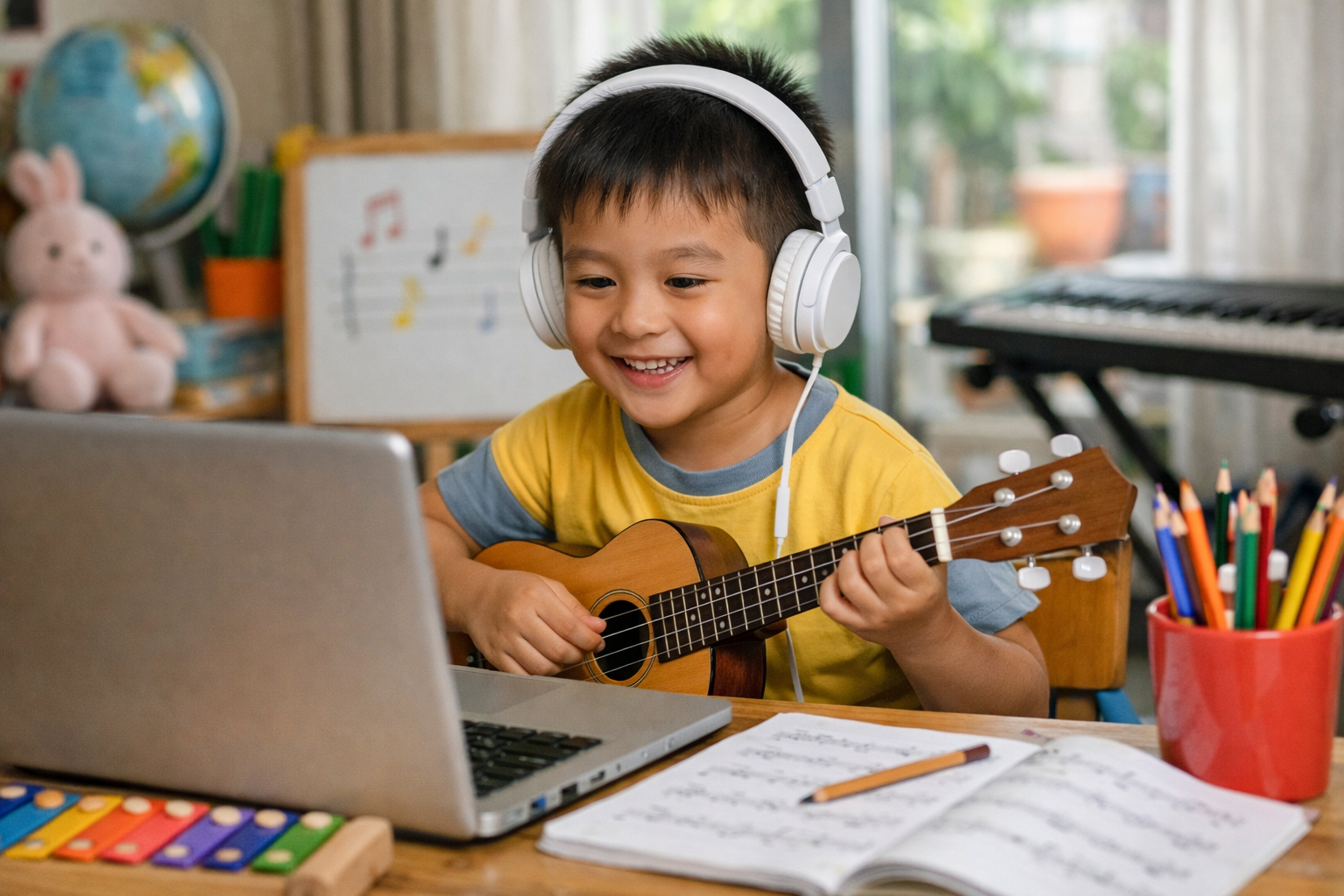 Trẻ học cảm thụ âm nhạc online trong môi trường thoải mái và tự nhiên tại nhà.
