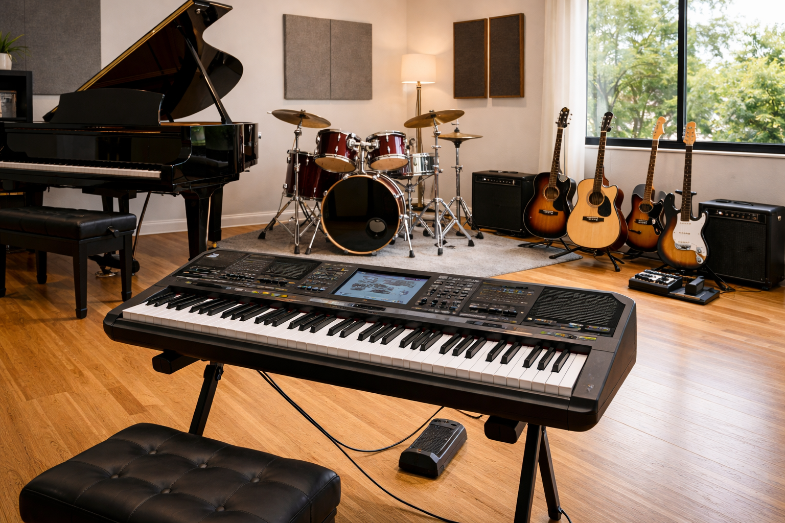 Đàn Yamaha SX900 hoặc SX920 đặt trong phòng tập nhạc hiện đại, ánh sáng đẹp, góc chụp chuyên nghiệp, chân thực, kích thước ảnh 16:9