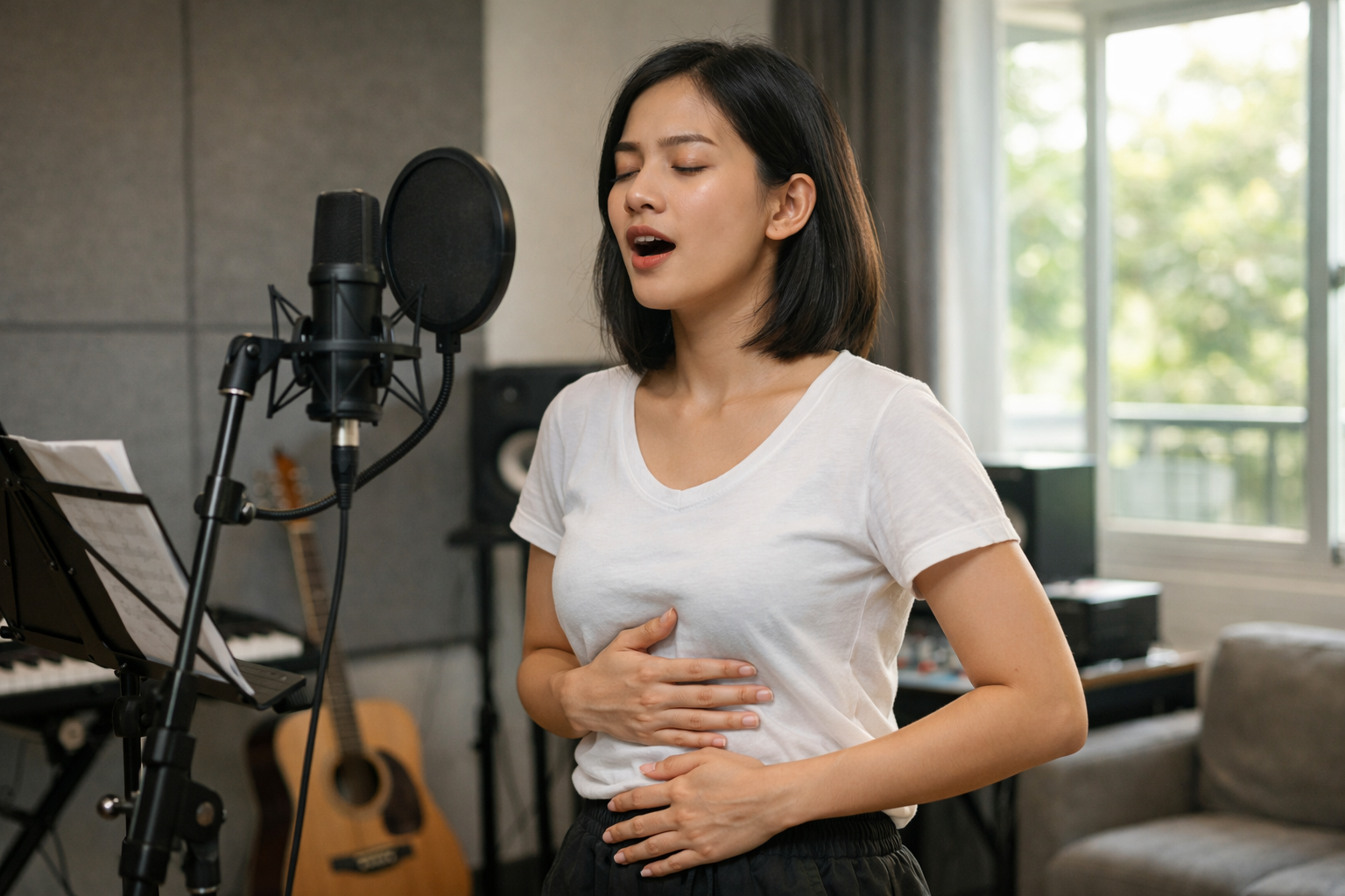 Sử dụng hơi thở đúng giúp giảm áp lực lên cổ họng khi hát.