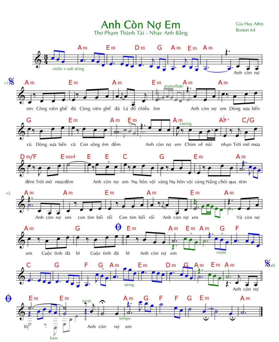 Sheet nhạc thường bao gồm giai điệu, hợp âm và lời bài hát.