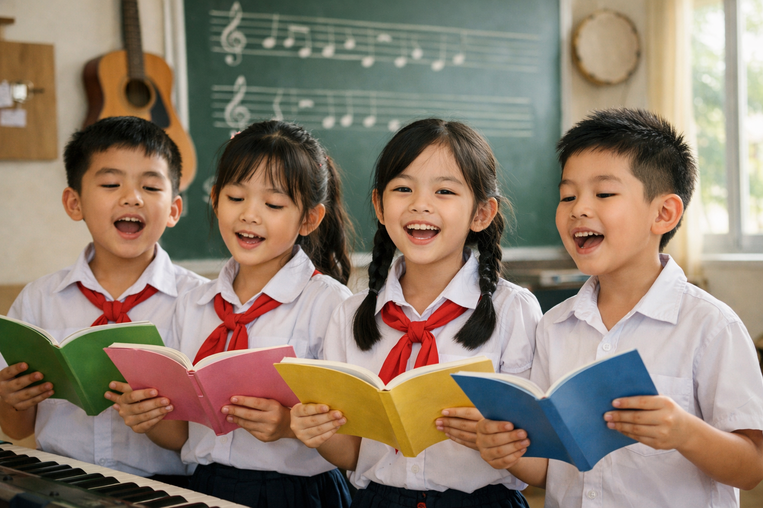 Trẻ làm quen với âm nhạc trong môi trường vui vẻ và tích cực