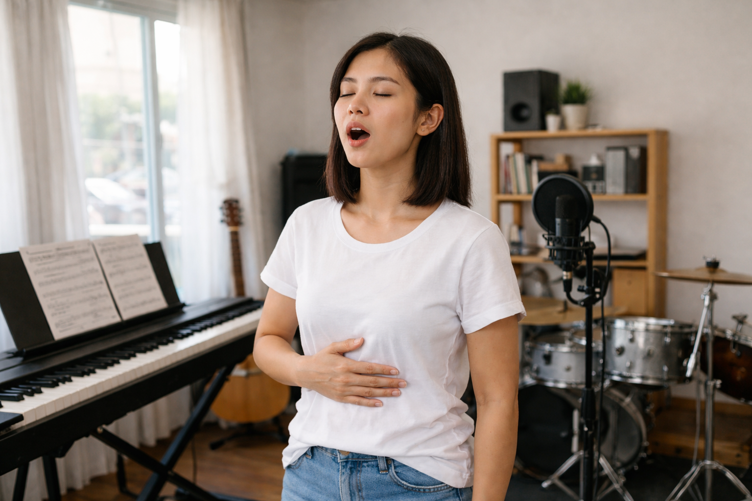 Thở bằng cơ hoành giúp kiểm soát hơi ổn định khi hát.